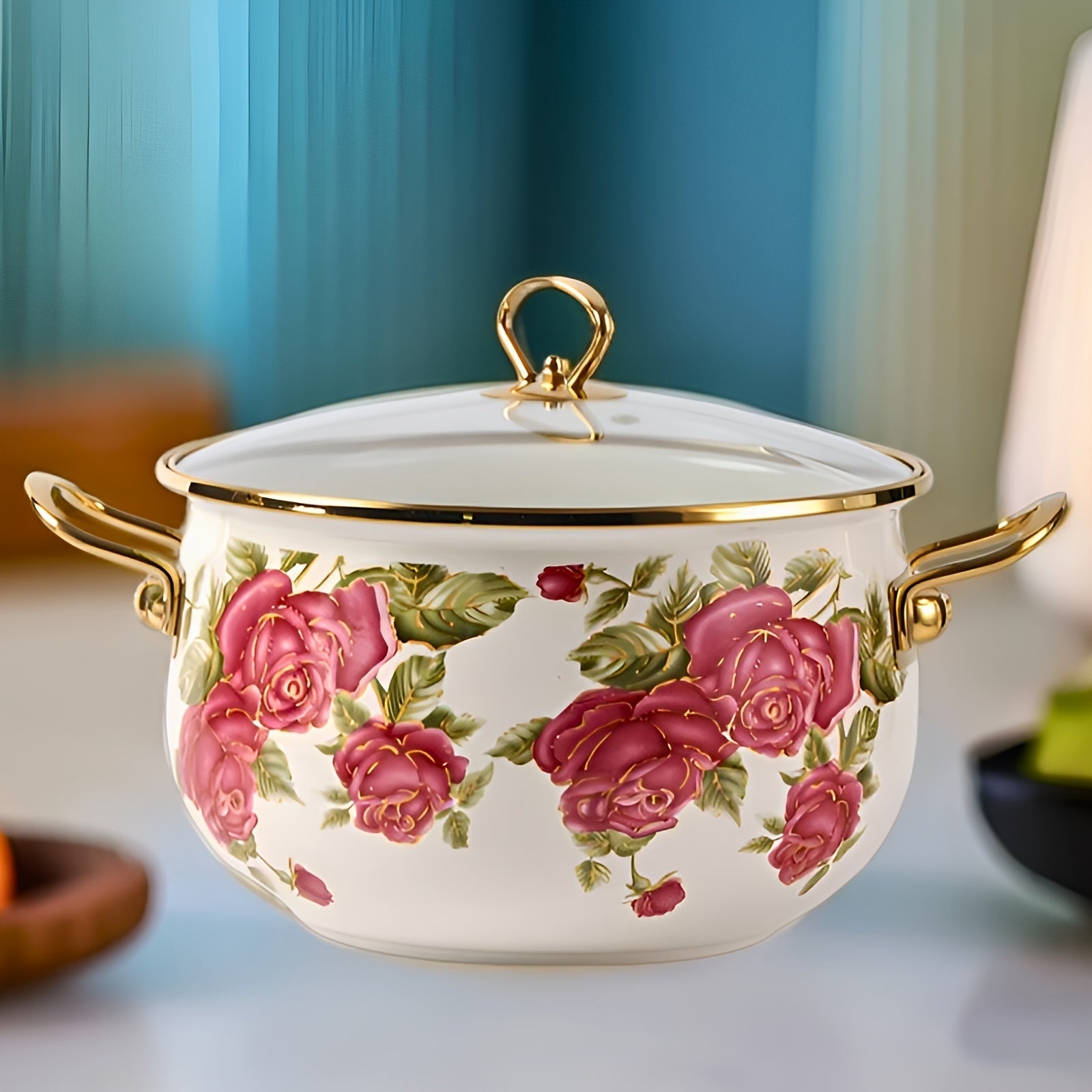 Stockpot with Gold Handle and Rose Flower Enamel Design, Includes Glass Lid, Multiple Sizes