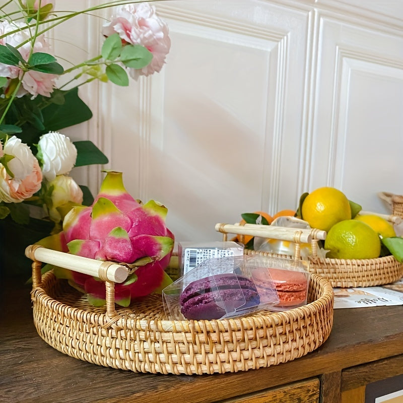 Handcrafted Rattan Serving Tray with Double Handles for Tea, Fruit, Snacks