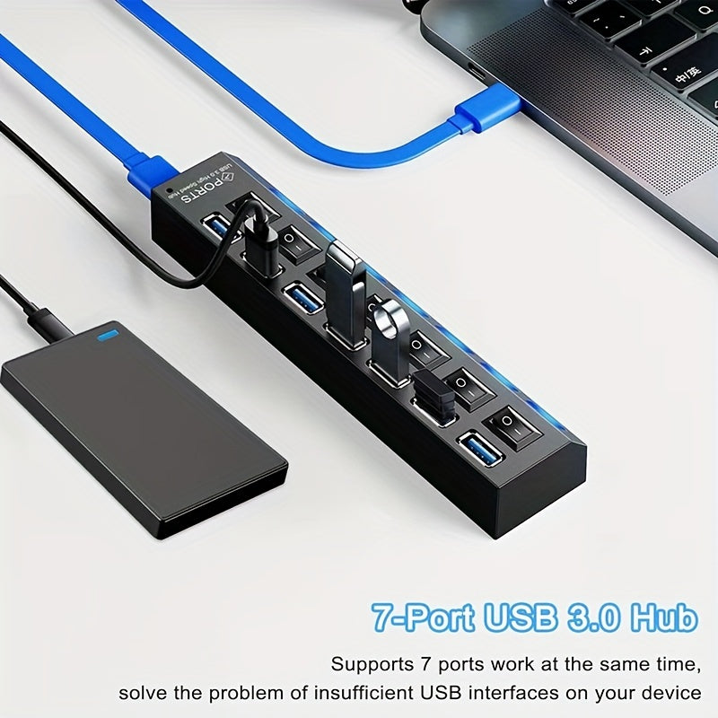 7-Port USB 3.0 Hub with LED Switch Fast Data Transfer Compatible with Laptops and PCs