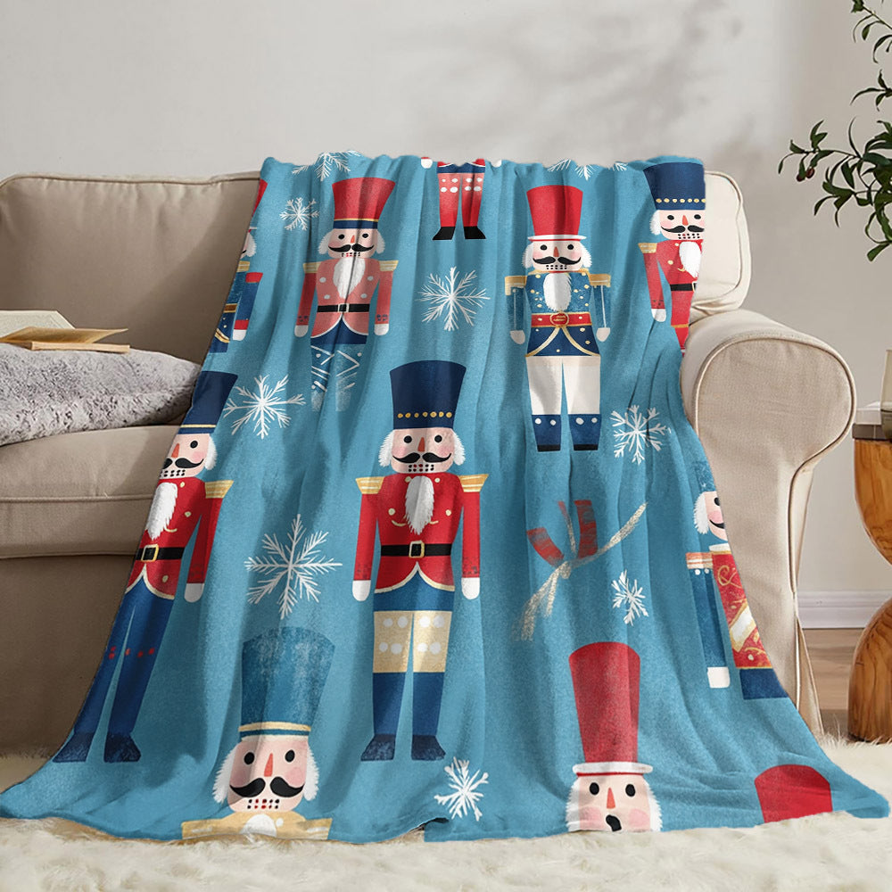 Cozy Flannel Throw Blanket with Cartoon Nutcracker Pattern for All Seasons Quilted Polyester Warmth