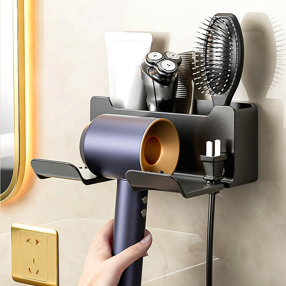 Wall-Mounted Hair Dryer Holder Bathroom Storage Rack Hair Dryer Hanger