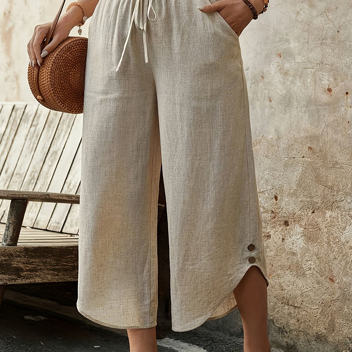 Women Plus Size Wide Leg Pants Solid Color Glassy Fabric Comfort All Season