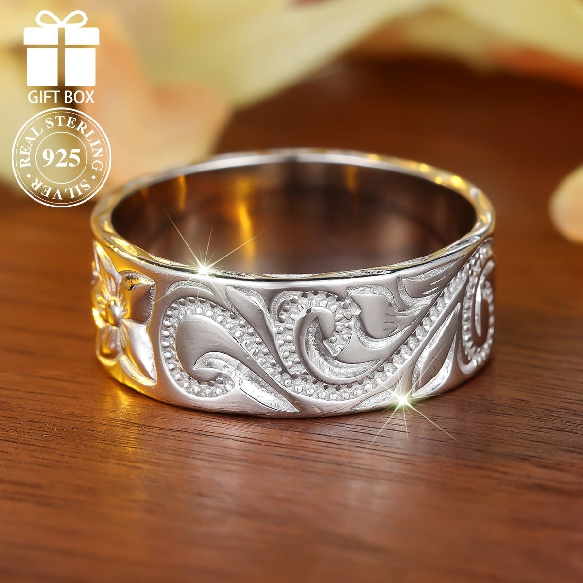 Sterling Silver Bohemian Flower Wide Band Ring for Women