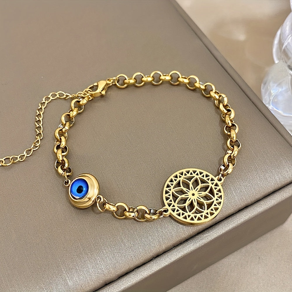 Golden Stainless Steel Bracelet with Evil Eye and Flower of Life Design for Women