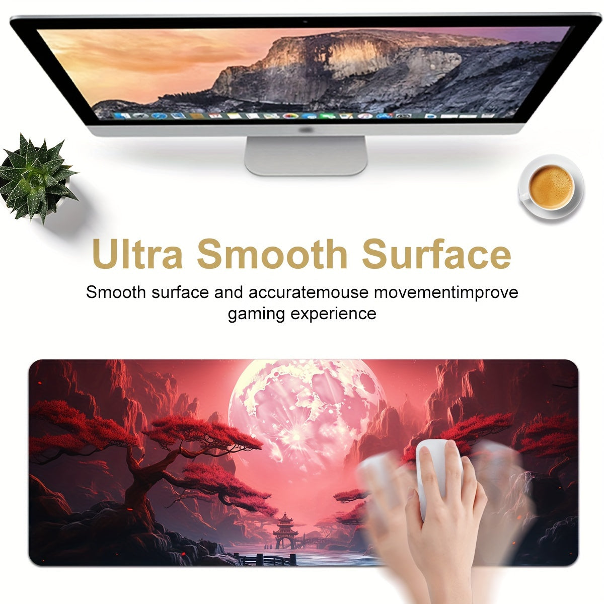 Большой игровой коврик для мыши с красным пейзажным дизайном, нескользящая резиновая основа, прошитые края