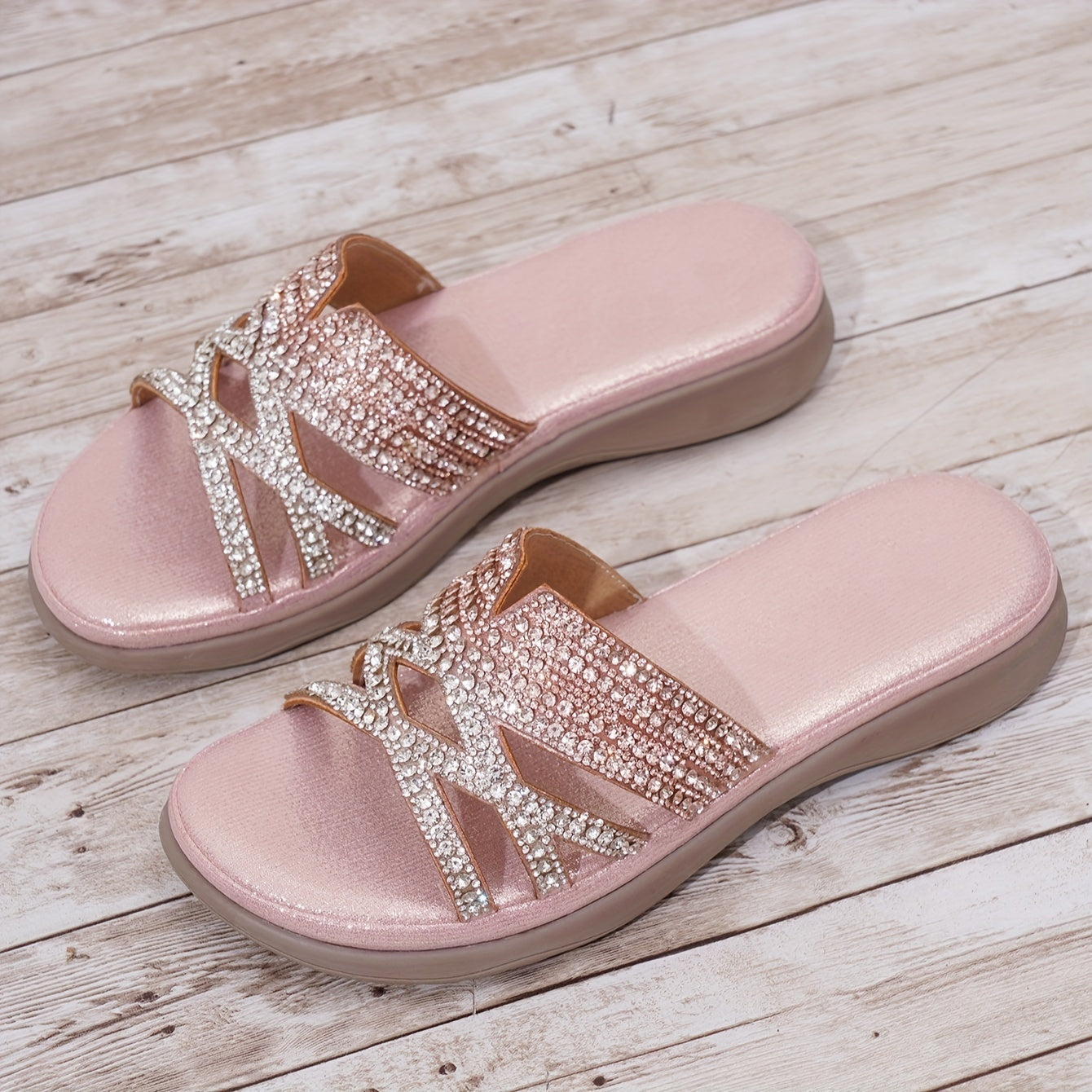 Women's Bohemian Flat Slides Rhinestone Embellished Casual Open Toe Slip-ons