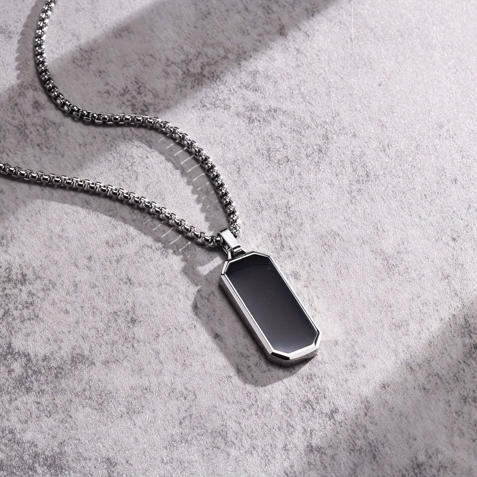 Men's Stainless Steel Necklace with Black Enamel Geometric Pendant