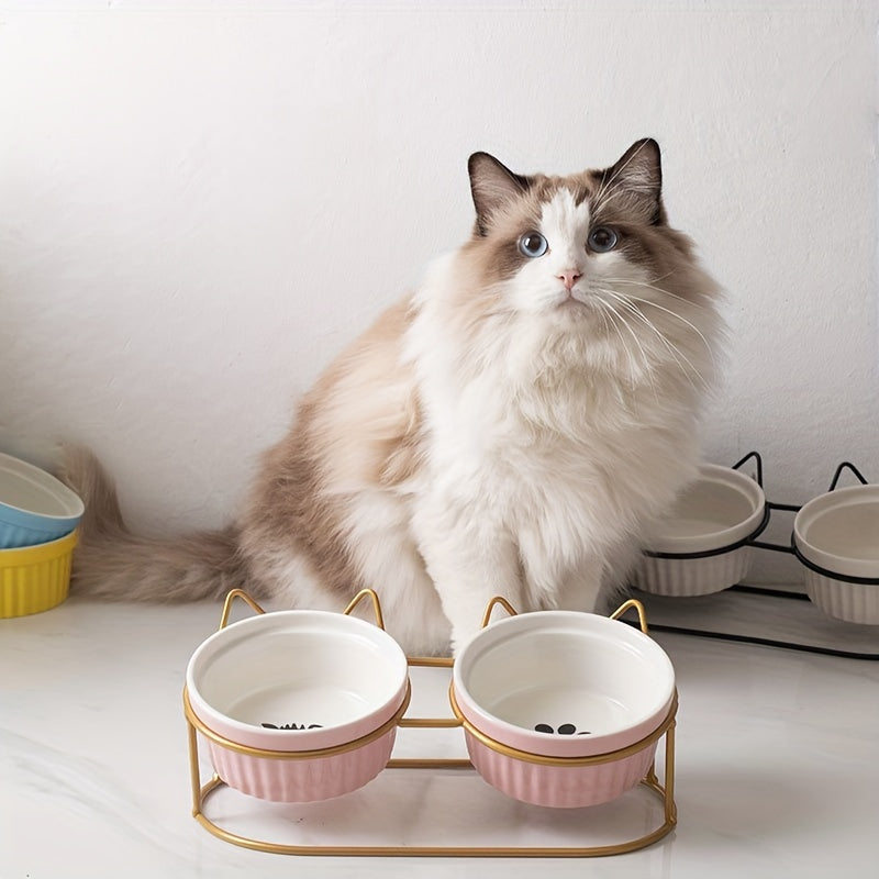 Non-Slip Ceramic Cat Food and Water Bowls with Iron Bracket Elevated and Tilted Design