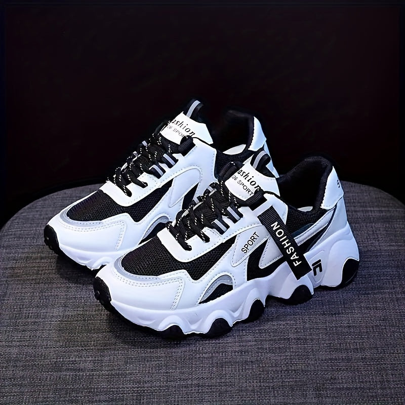 Women's Breathable Mesh Athletic Sneakers White Purple Low Top Lace-Up Thick Sole Sporty Design