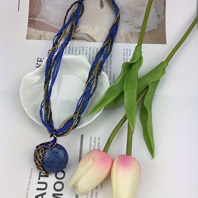 Vintage Alloy Peacock Leaf Gemstone Pendant Necklace Boho-Chic Jewelry