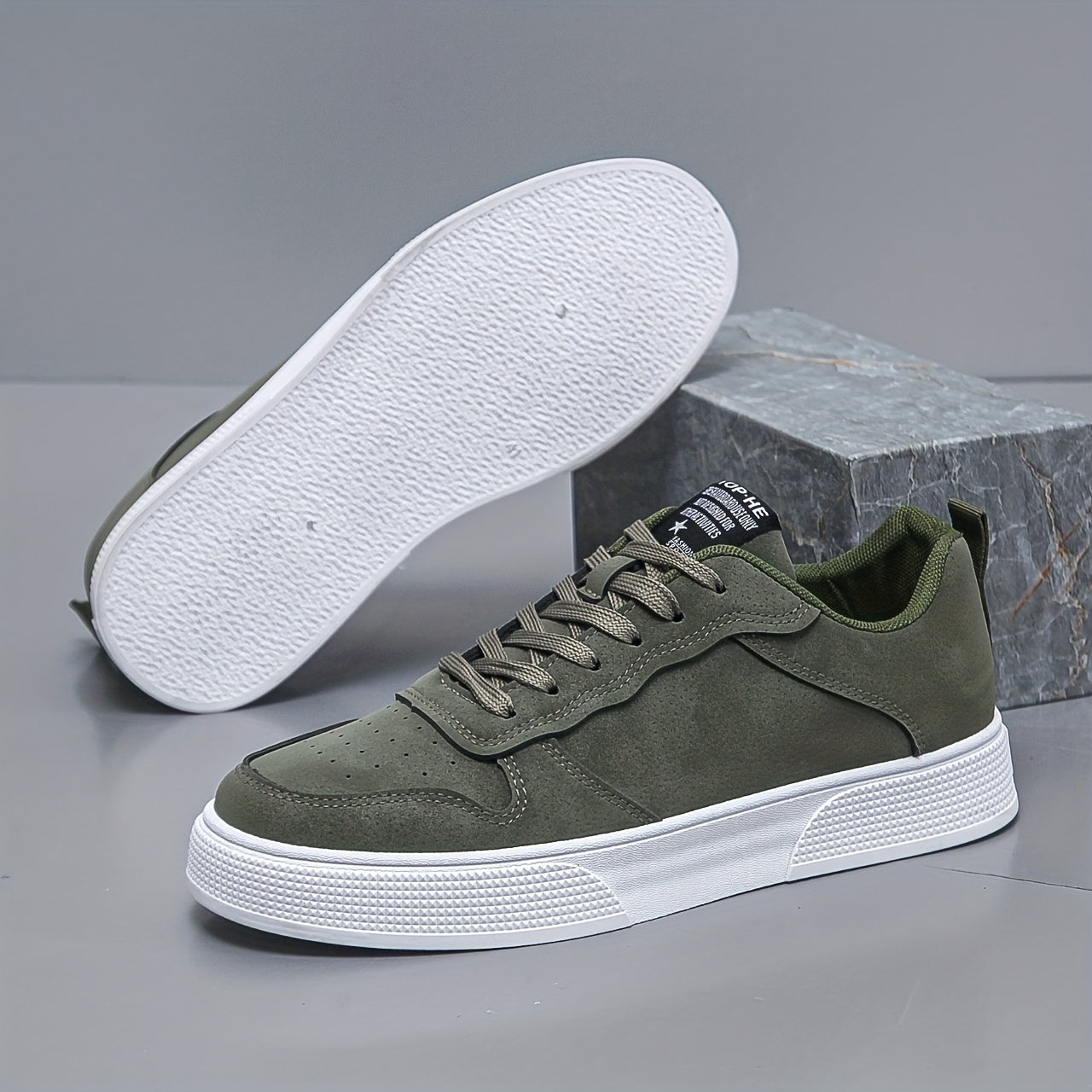 Men's Olive Green Lace-Up Sneakers with White Sole Breathable Fabric Outsole
