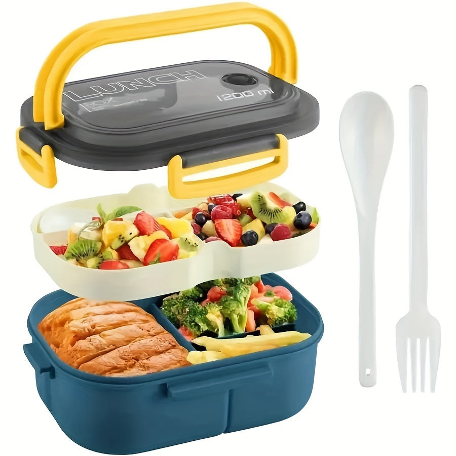 Two-Layer Bento Lunch Box with Fork and Spoon 1200ml Microwave Safe Plastic for Students and Office