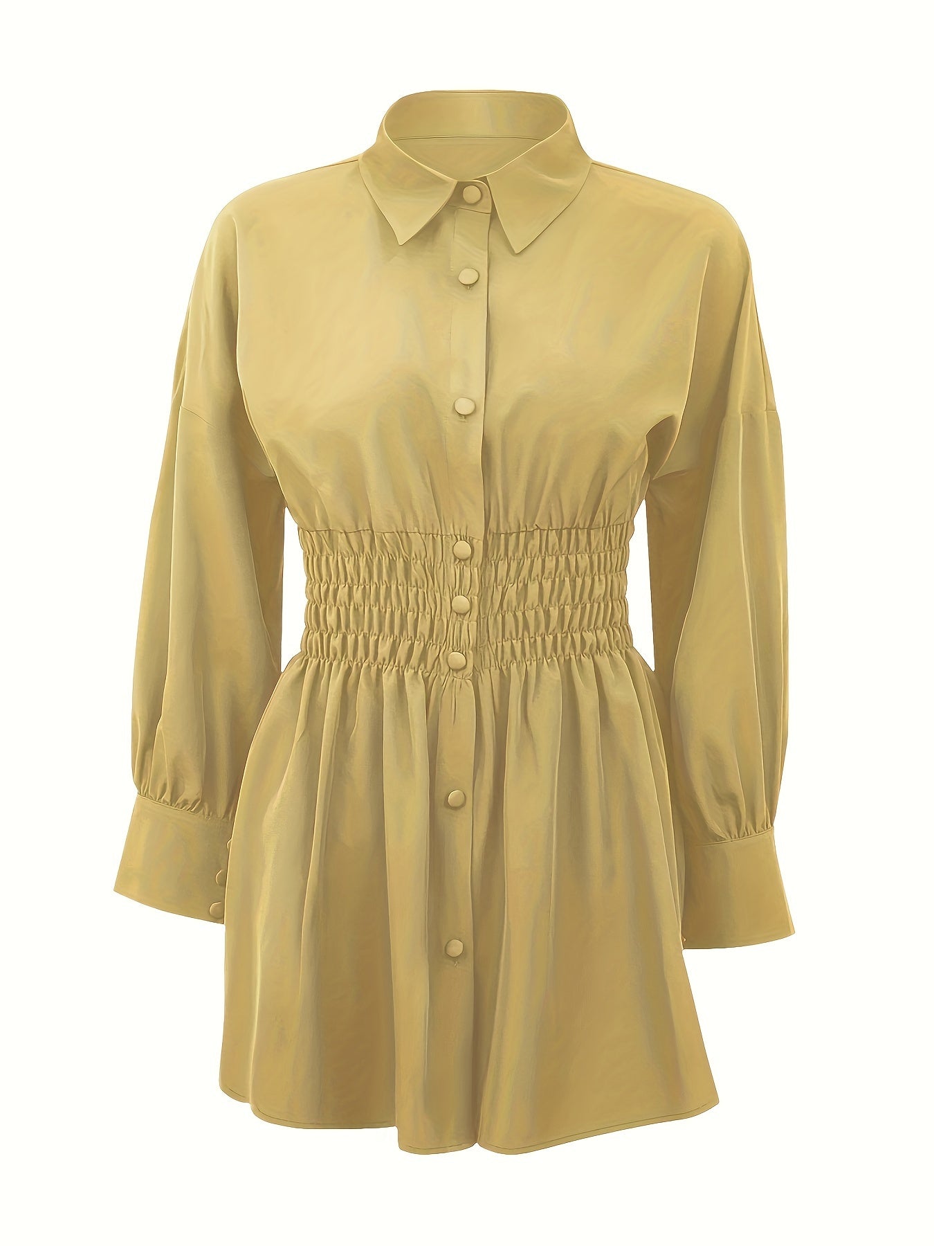 Блузка с длинными рукавами и лацканом, с застежкой на пуговицы и эластичным поясом.