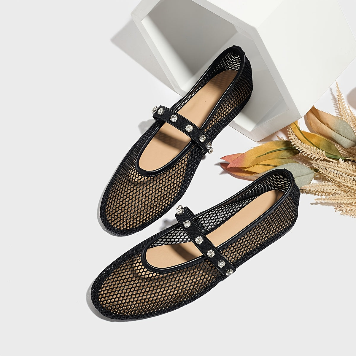 Women's Mesh Ballet Flats with Rhinestone Strap and Round Toe
