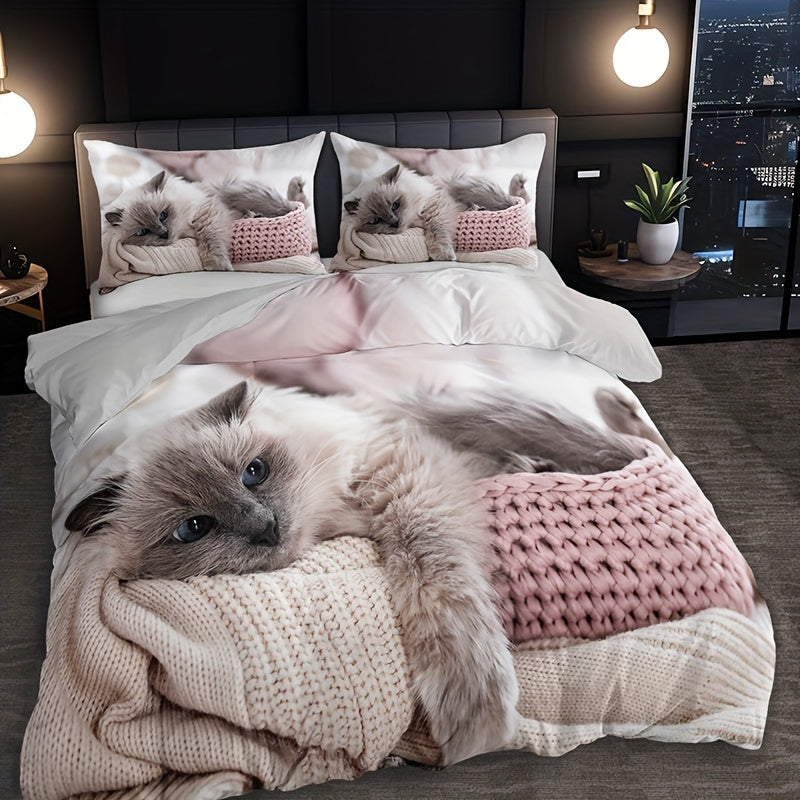 Cat Print Duvet Cover Set with Pillowcases 3 Piece Breathable Polyester Easy Care