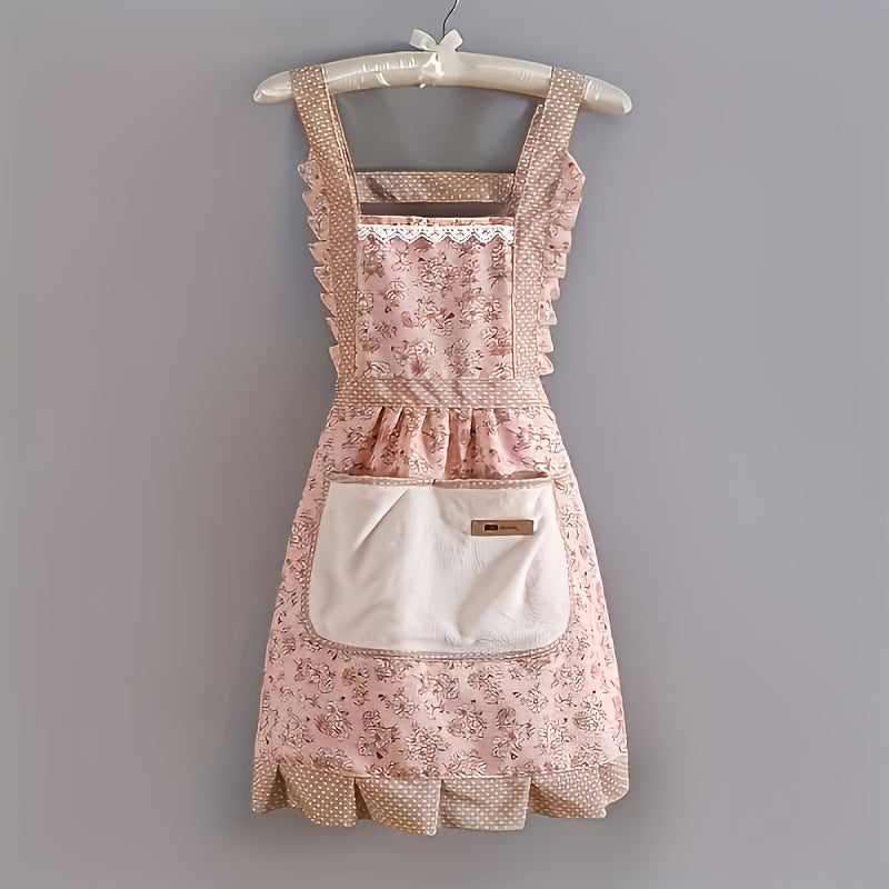 Floral Lace Princess Apron with Pocket for Kitchen and Bathroom Cleaning
