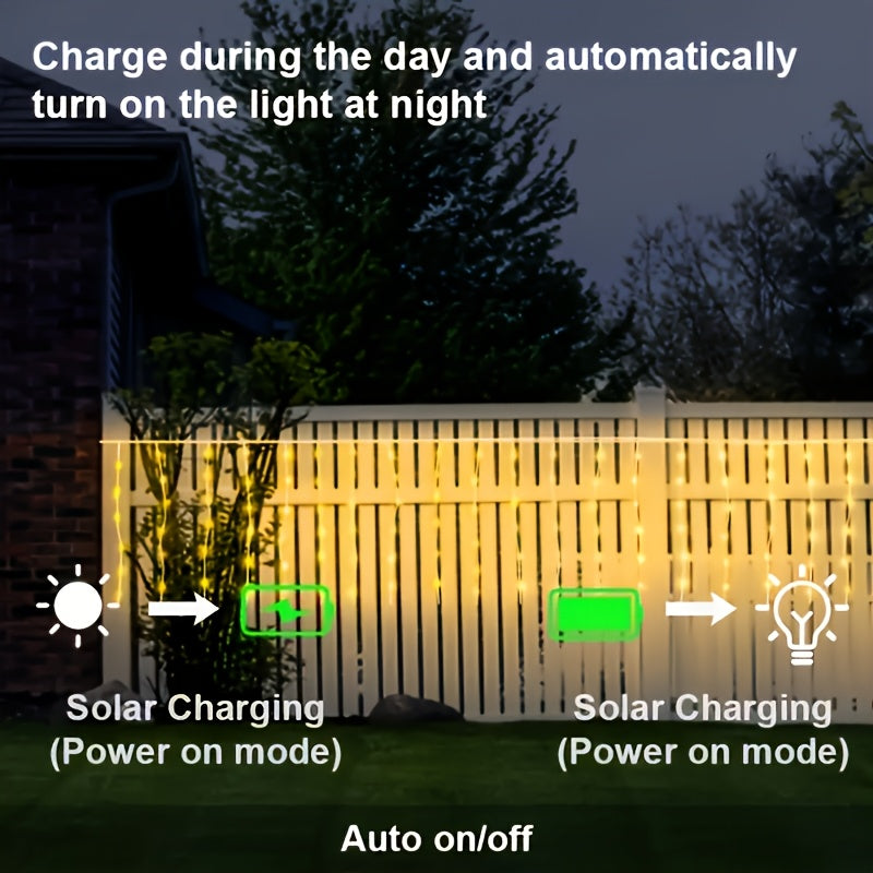 Solar-Powered LED Curtain String Lights with 8 Modes for Weddings Gardens and Celebrations