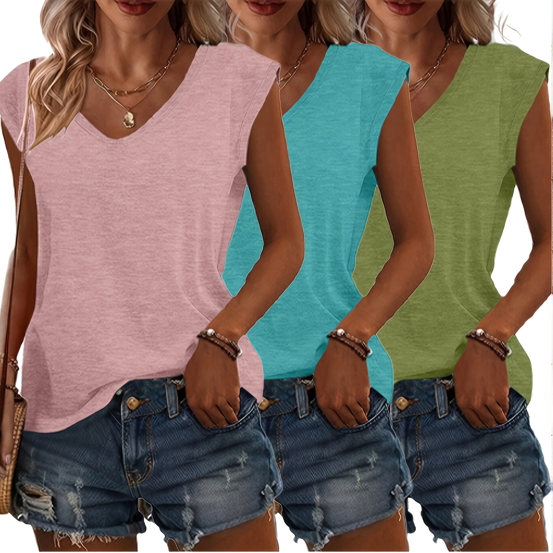 Women's V-Neck Short Sleeve T-Shirts 3-Pack Cotton Summer Tops Black Grey