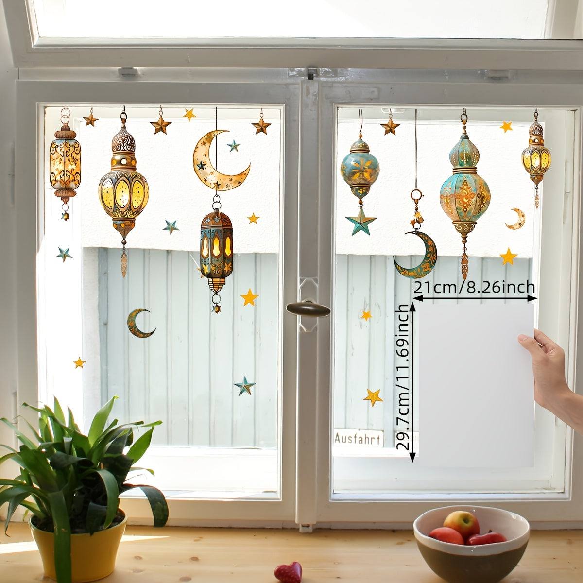 Ramazon bayrami uchun ikki tomonlama oy va yulduzlar dekori - 30.48 sm x 60.96 sm - Yotoqxona, Oila xonasi va Balkon bezatish uchun qayta ishlatiladigan PVC statik yopishqoq - Lanternlar, Shisha uchun ideal, D16013-YJ