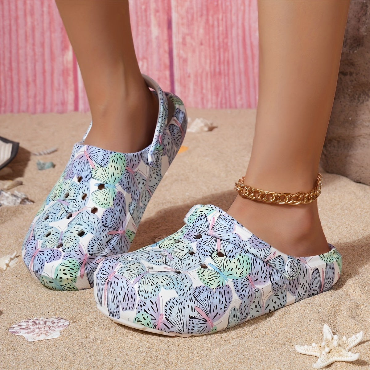 Women's Tie-Dye EVA Clogs with Pink Flamingo and Blue Bird Pattern for Beach and Casual Wear