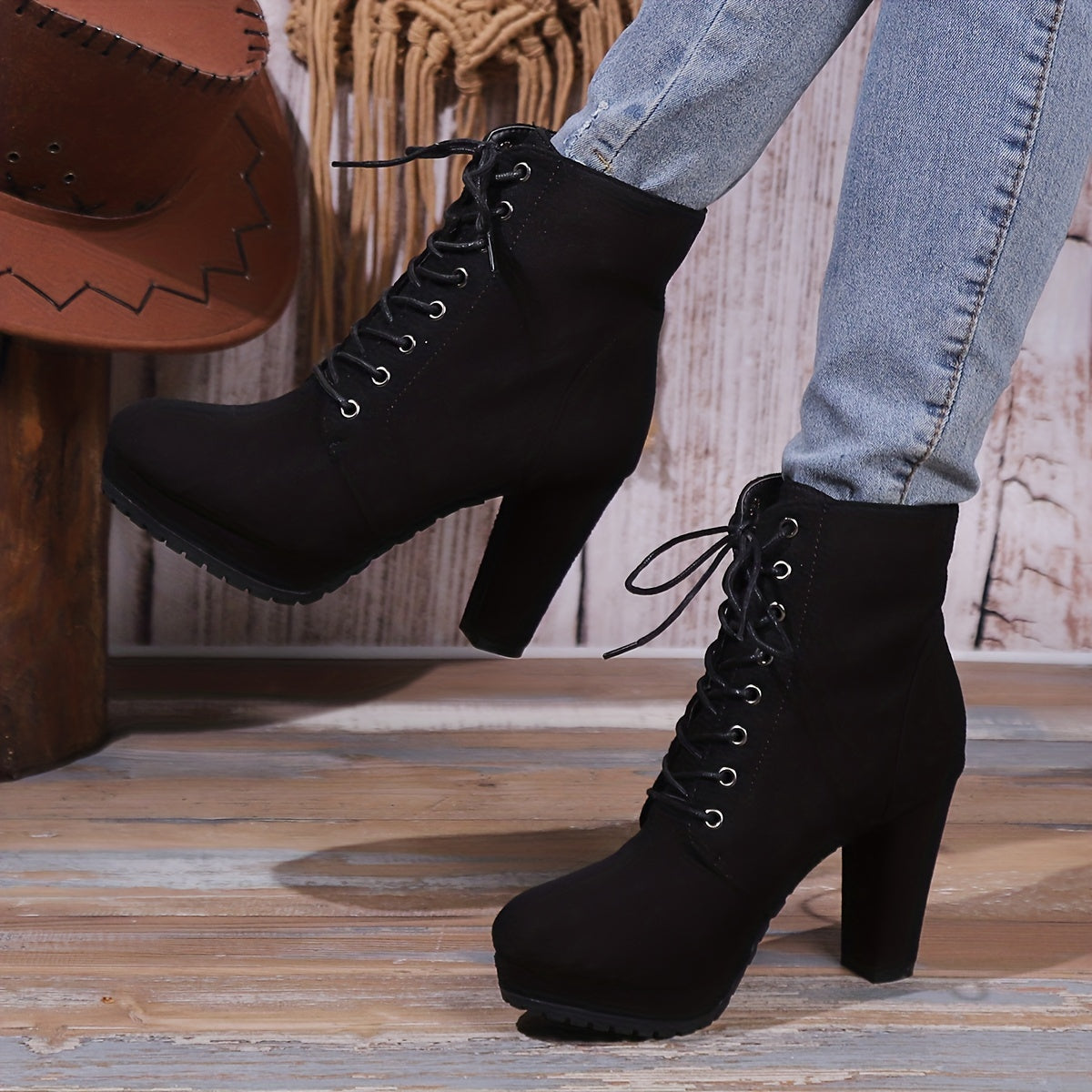 Women’s Combat Boots Fabric Lace-Up Chunky Heel Platform All-Season
