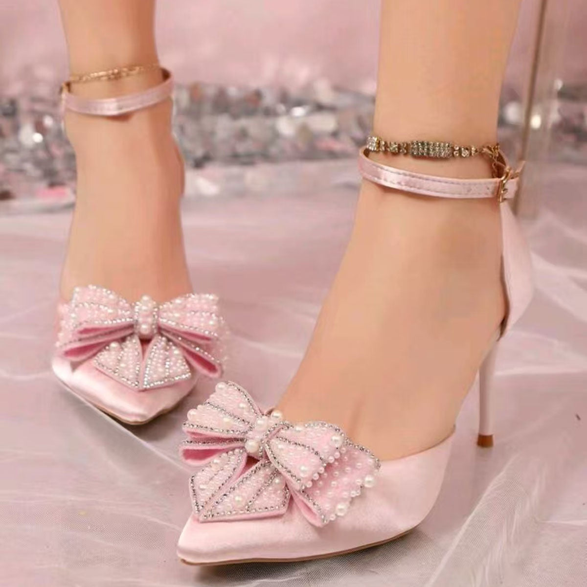 Women’s Faux Leather Bowknot Pointed Toe Heels for Weddings