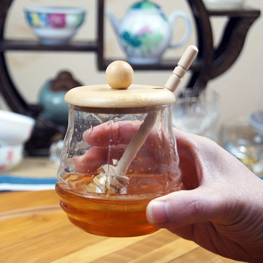 Glass Honey Jar with Bamboo Lid and Dipper for Kitchen Storage and Baking
