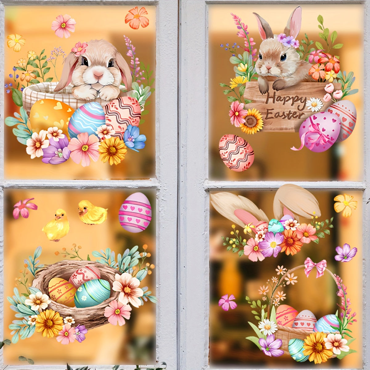 Easter Bunny and Eggs Window Clings Reusable PVC Static Decals 30x60cm