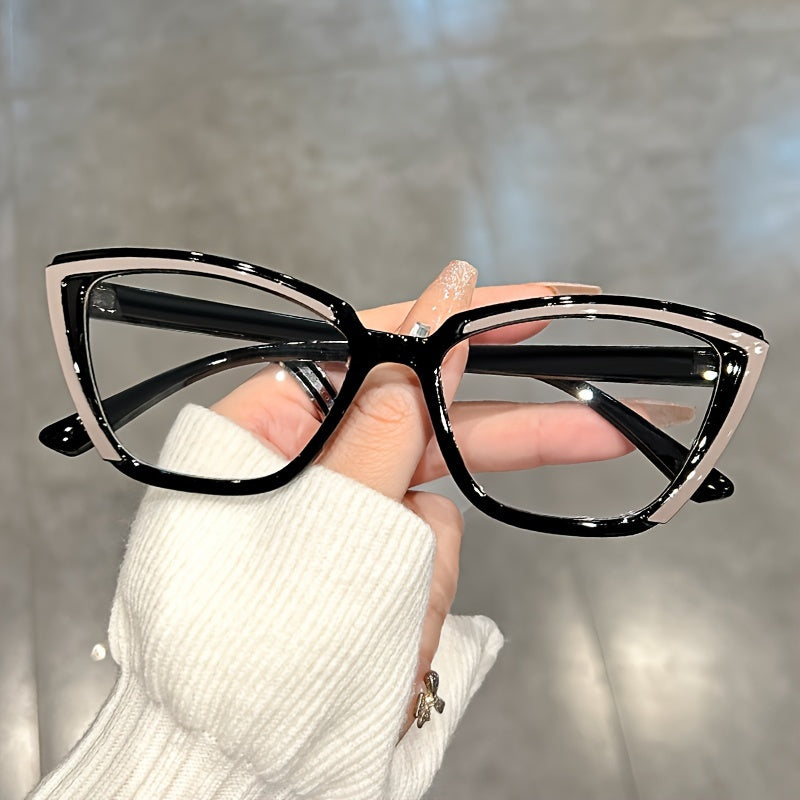 Retro Color Block Cat Eye Glasses for Women with Clear Lenses for Fashion and Computer Use