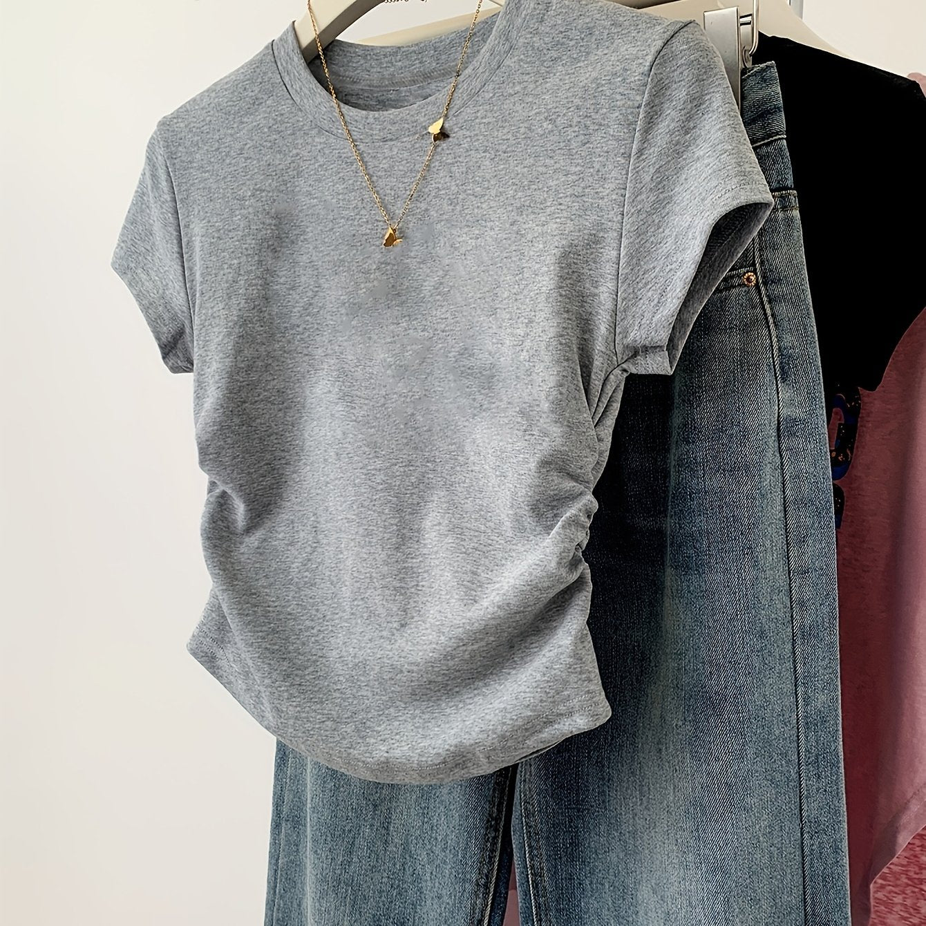 Women's Short Sleeve T-Shirt Crew Neck Frill Animal Pattern Knit Fabric Spring Summer Fall