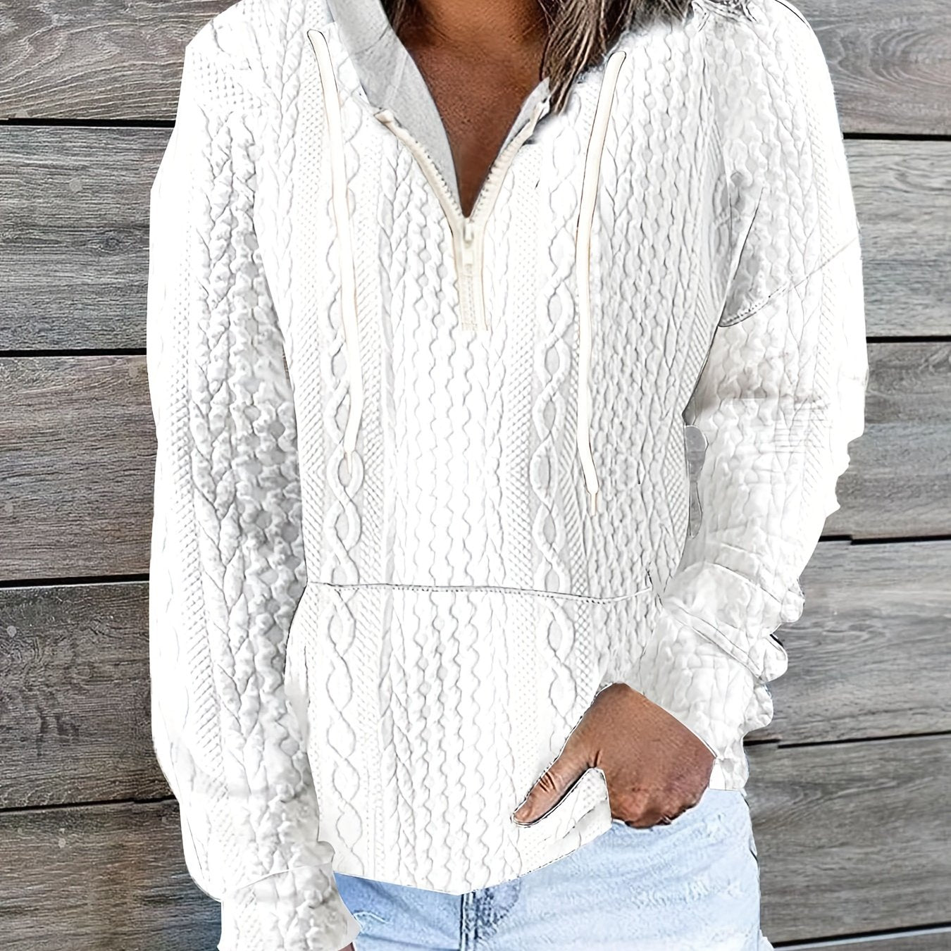 Plus Size Women's Cotton Cable Zipper Hoodie with Pockets