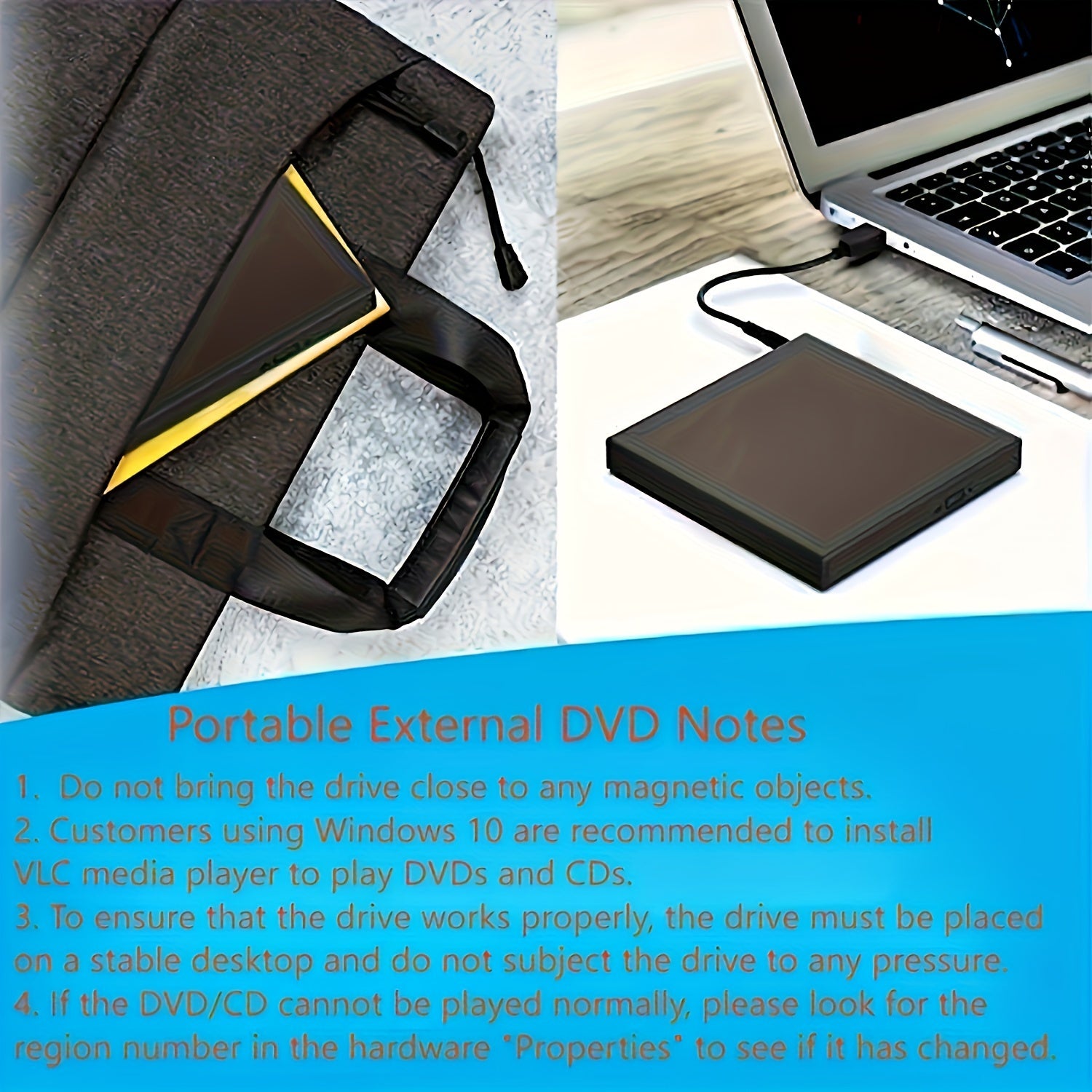 Portable External CD DVD Drive for Laptops and Desktop Computers with Storage Bag
