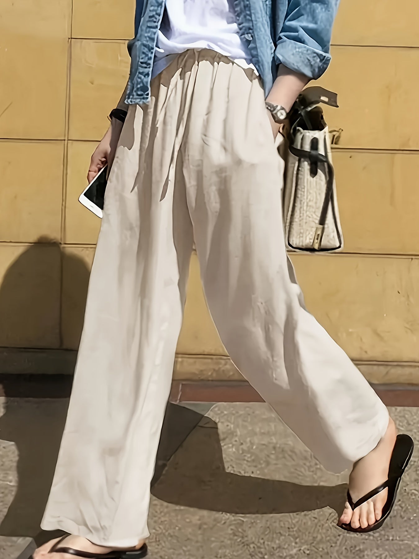 Women’s Lightweight Casual Pants with Drawstring Waist Beige Straight-Leg All-Season