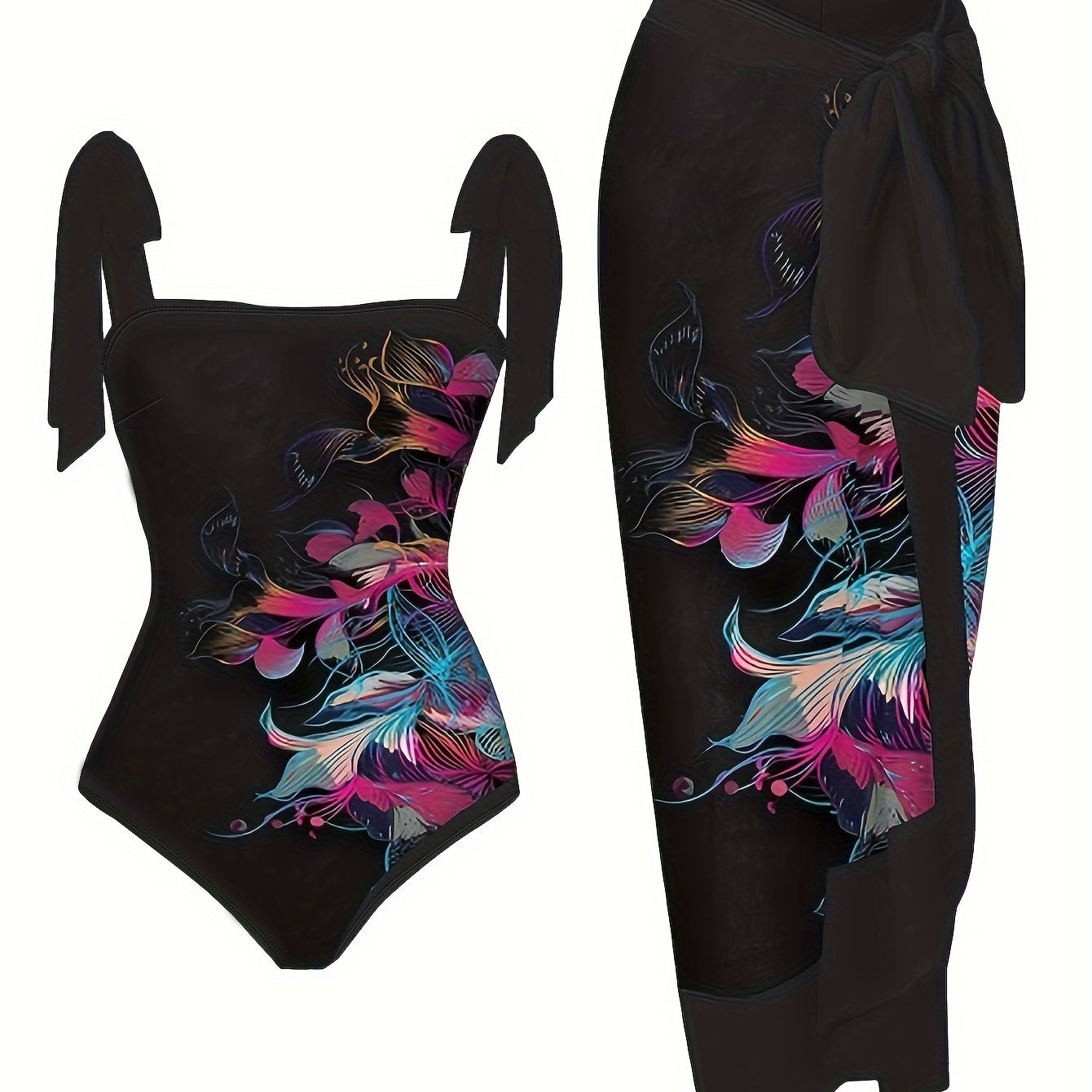 Plus Size Floral Print Swimsuit Set with Cover Up and Off Shoulder Bow Details