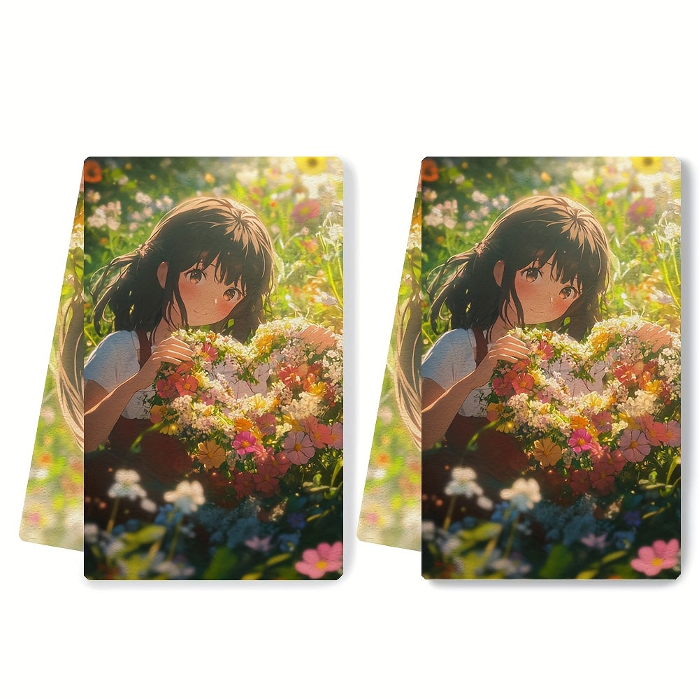Set of 2 Ultra Soft Kitchen Towels 16x24 Absorbent Anime Girl Decor