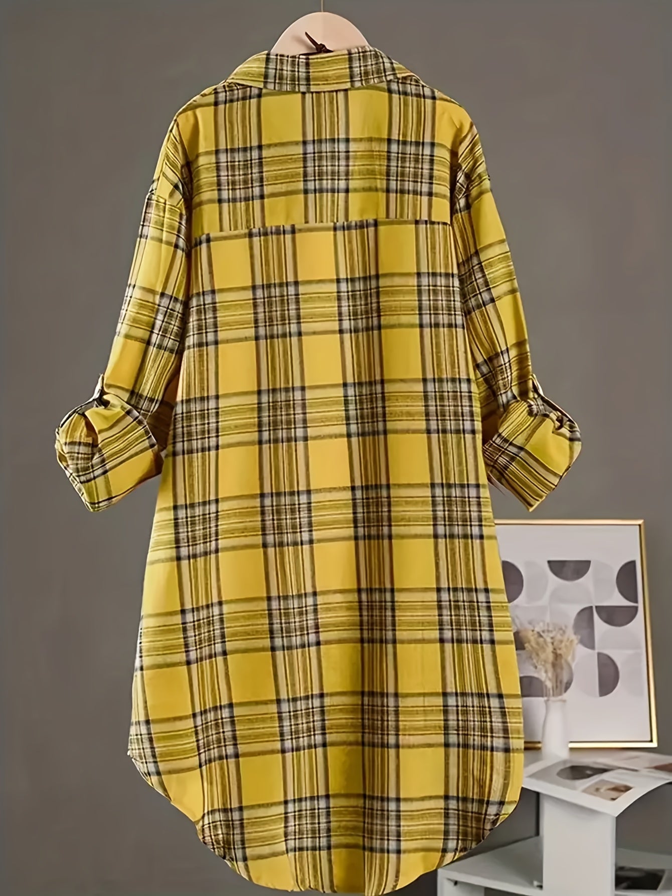 Plus Size Women's Plaid Shirt with Lapel Collar Long Sleeves Dipped Hem Spring Casual