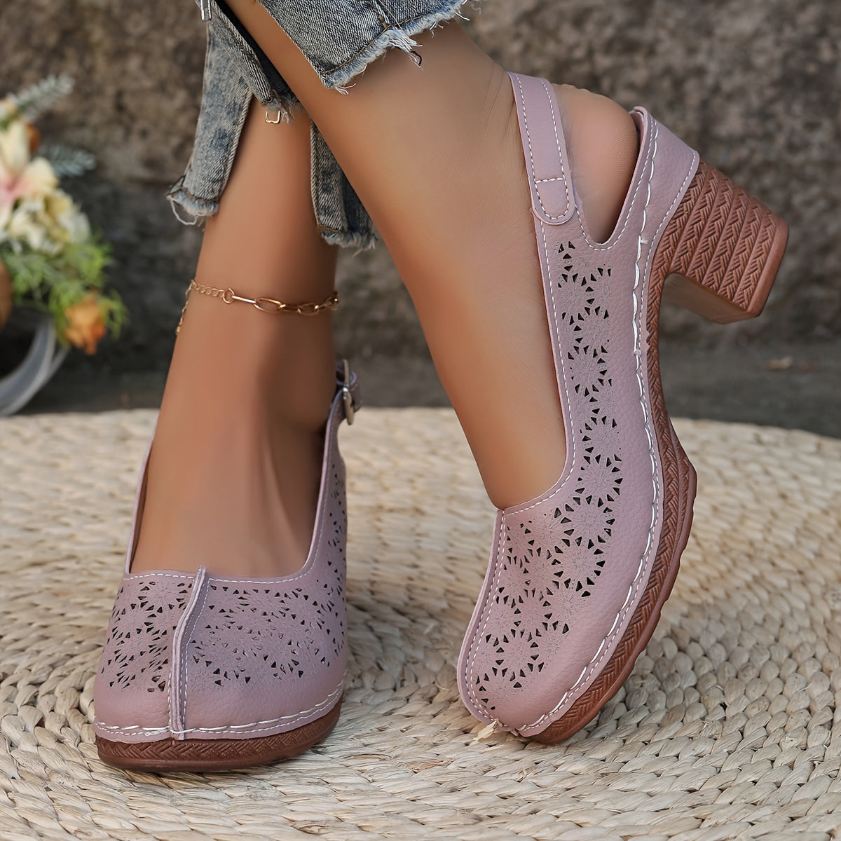 Women's High Heels Leather Closed Toe Strappy Chunky Heel Summer