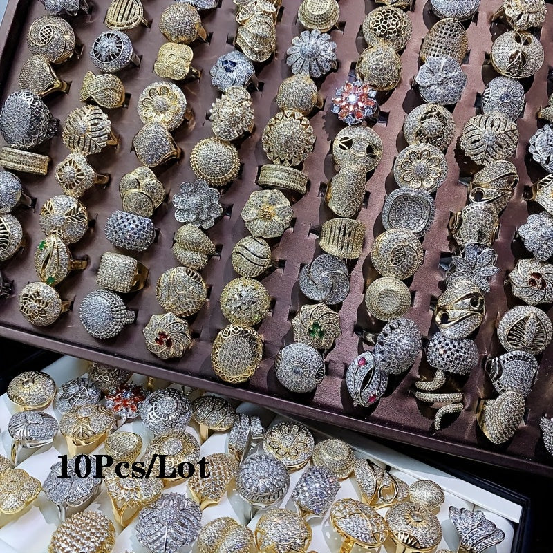 Set of 10 Women's Synthetic Zirconia Inlaid Copper Rings Elegant High-End Style for Weddings Parties and Daily Wear