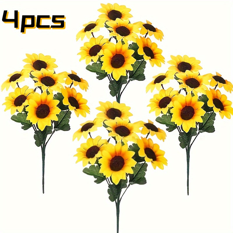 Artificial Sunflower Bunches with Stems UV Resistant Plastic Outdoor Garden Decor Set of 4
