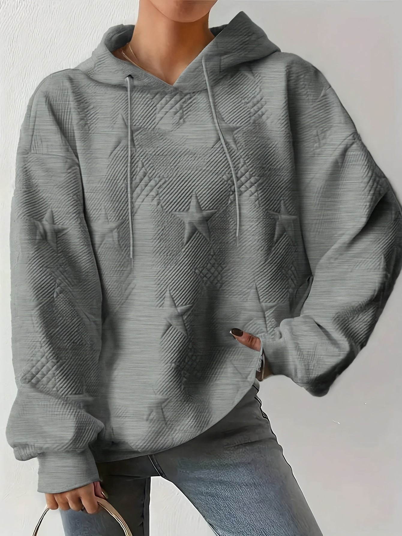 Women’s Polyester Hoodie Sweatshirt with Star Embossing and Drawstring