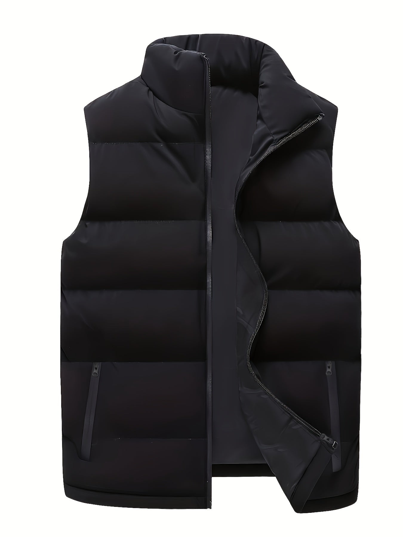 Men's Plus Size Sleeveless Padded Vest with Stand Collar and Chest Pockets