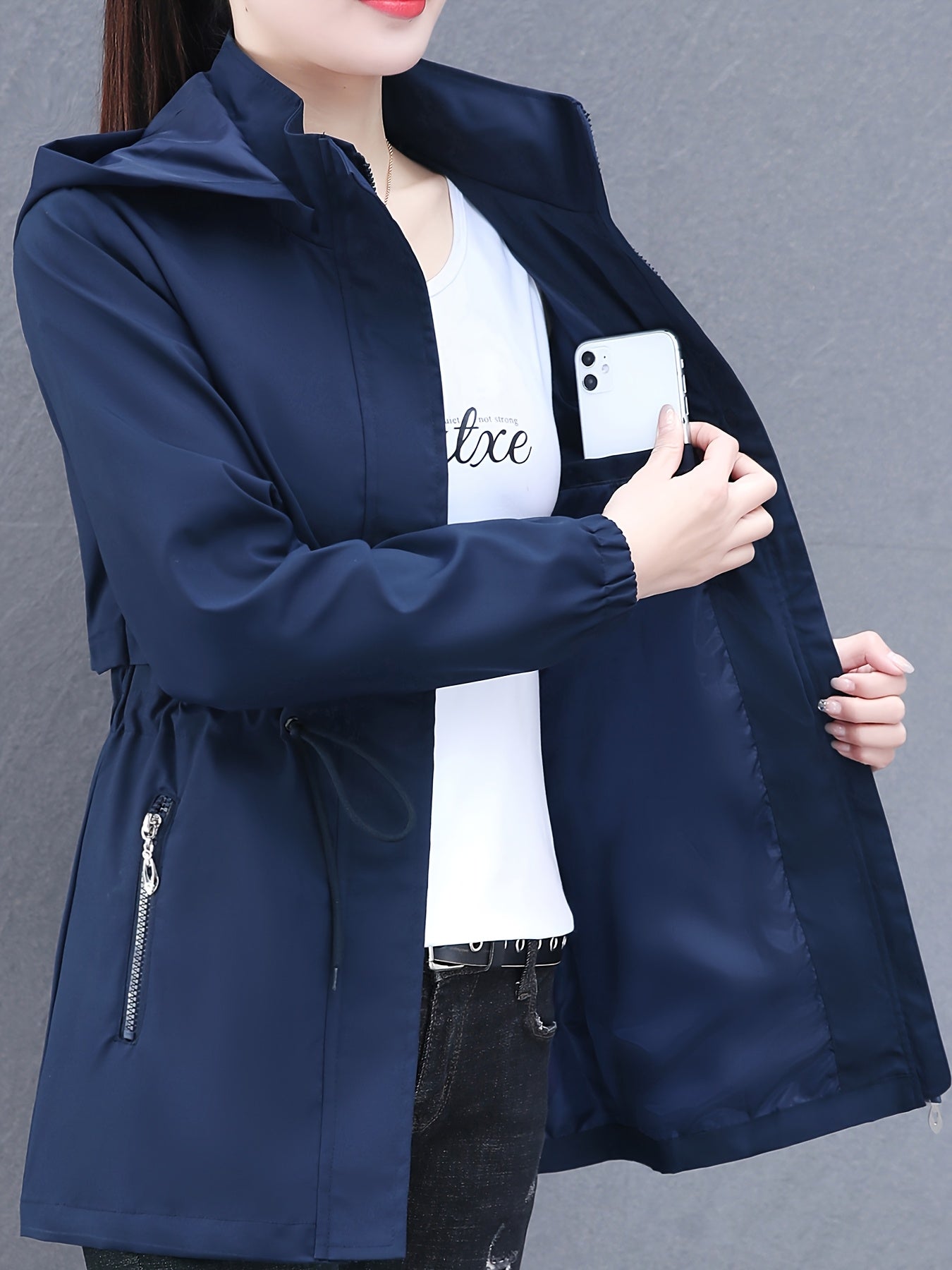 Women's Zip-Up Windbreaker Hoodie Jacket with Drawstring Waist and Slant Pockets for Spring and Fall