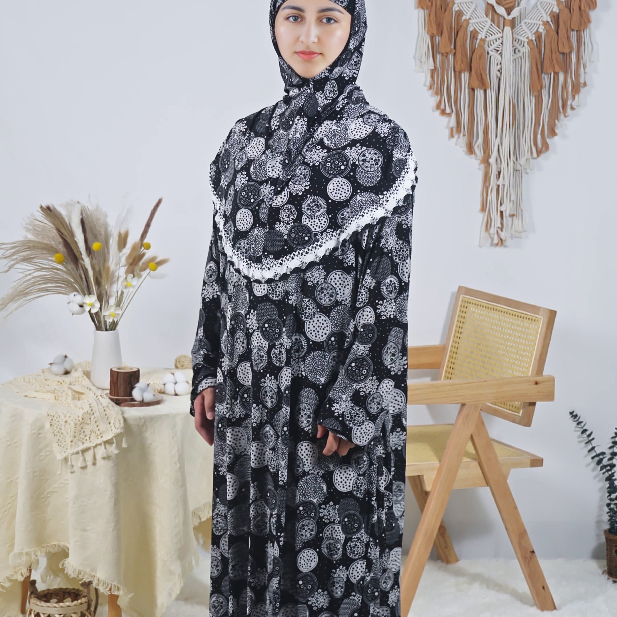 Women's Long Floral Print Loose Fit Robe Polyester Elastane Machine Washable for Ramadan