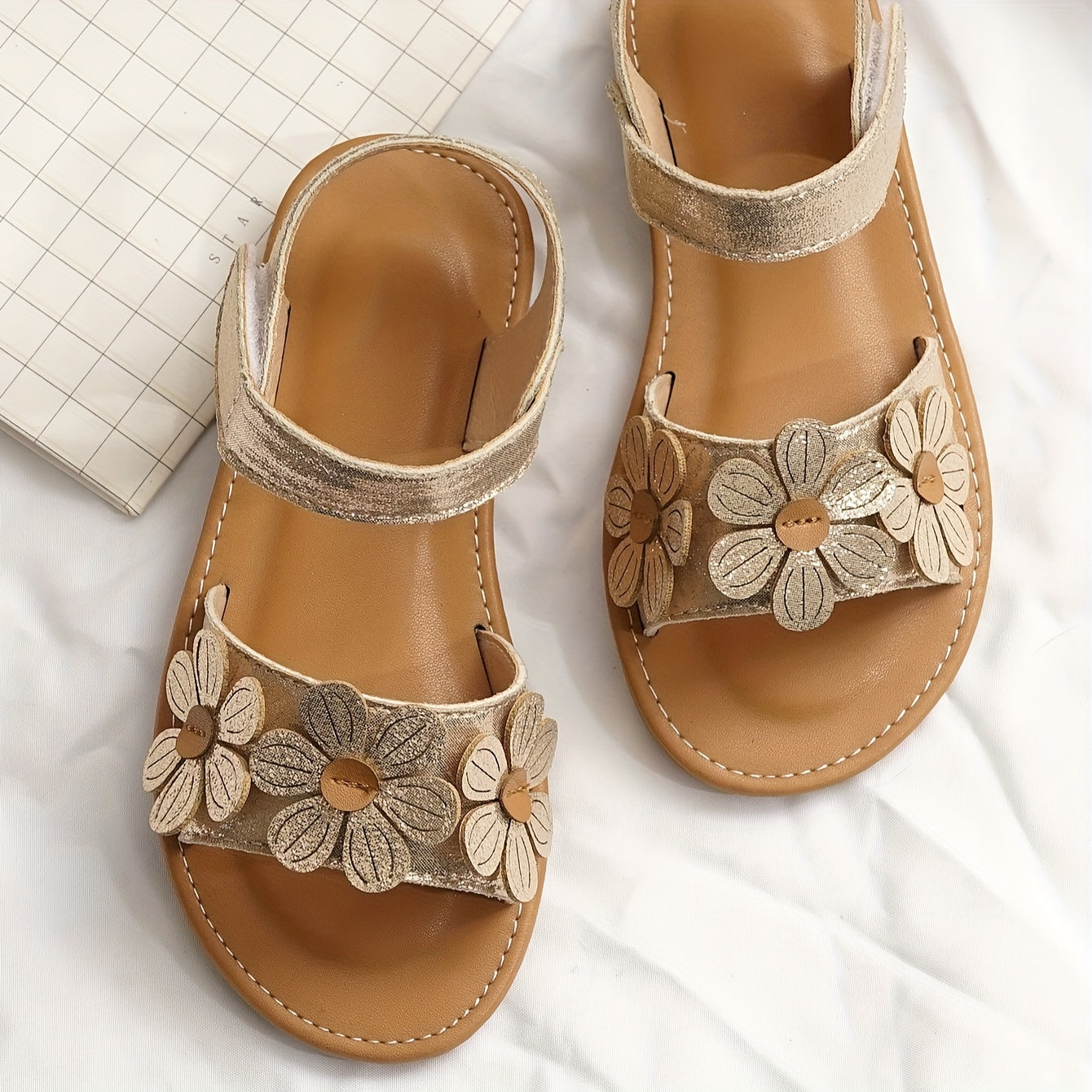 Girls Summer Sandals Floral Embroidery Breathable Light Brown Round Toe Hook-and-Loop Closure