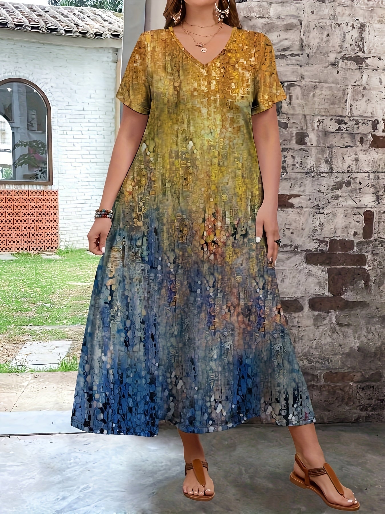 Vestido de talla grande con estampado floral y escote en V para uso casual en primavera y verano