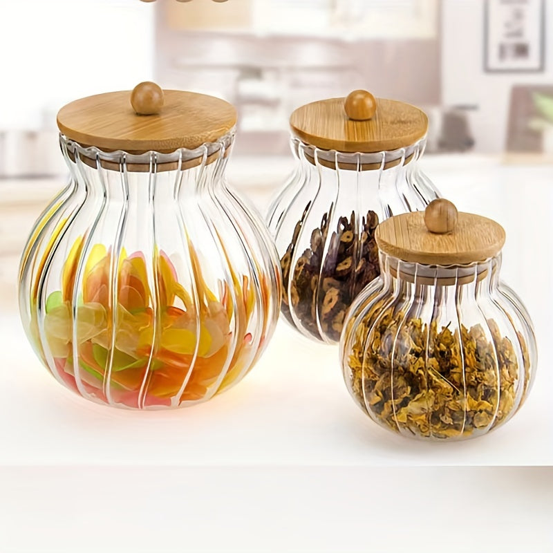 Glass Storage Jar With Bamboo Lid, Striped, for Tea Snacks and Seasonings