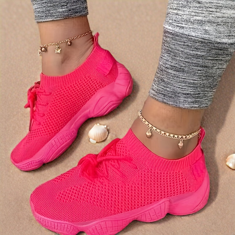 Women's Casual Sneakers, Lightweight Round Toe, Lace Up, Solid Color