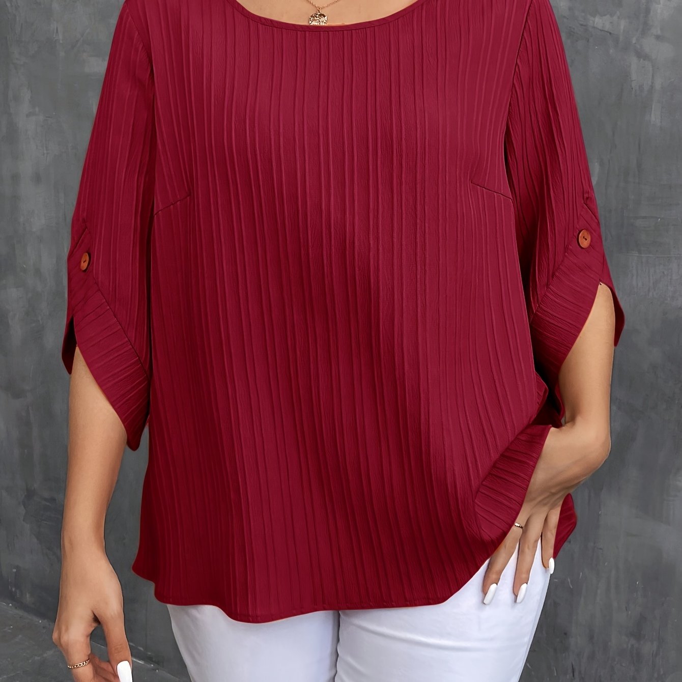 Plus Size Women's Green Button-Up Blouse Casual Short Sleeve Ruched Lightweight Polyester