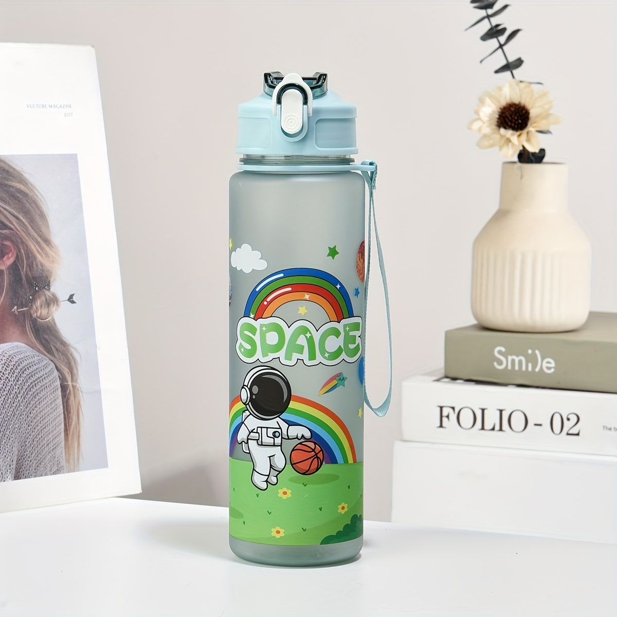 Space-Themed Astronaut Water Bottle with Straw Lightweight PVC-Free for Outdoor and Back-to-School