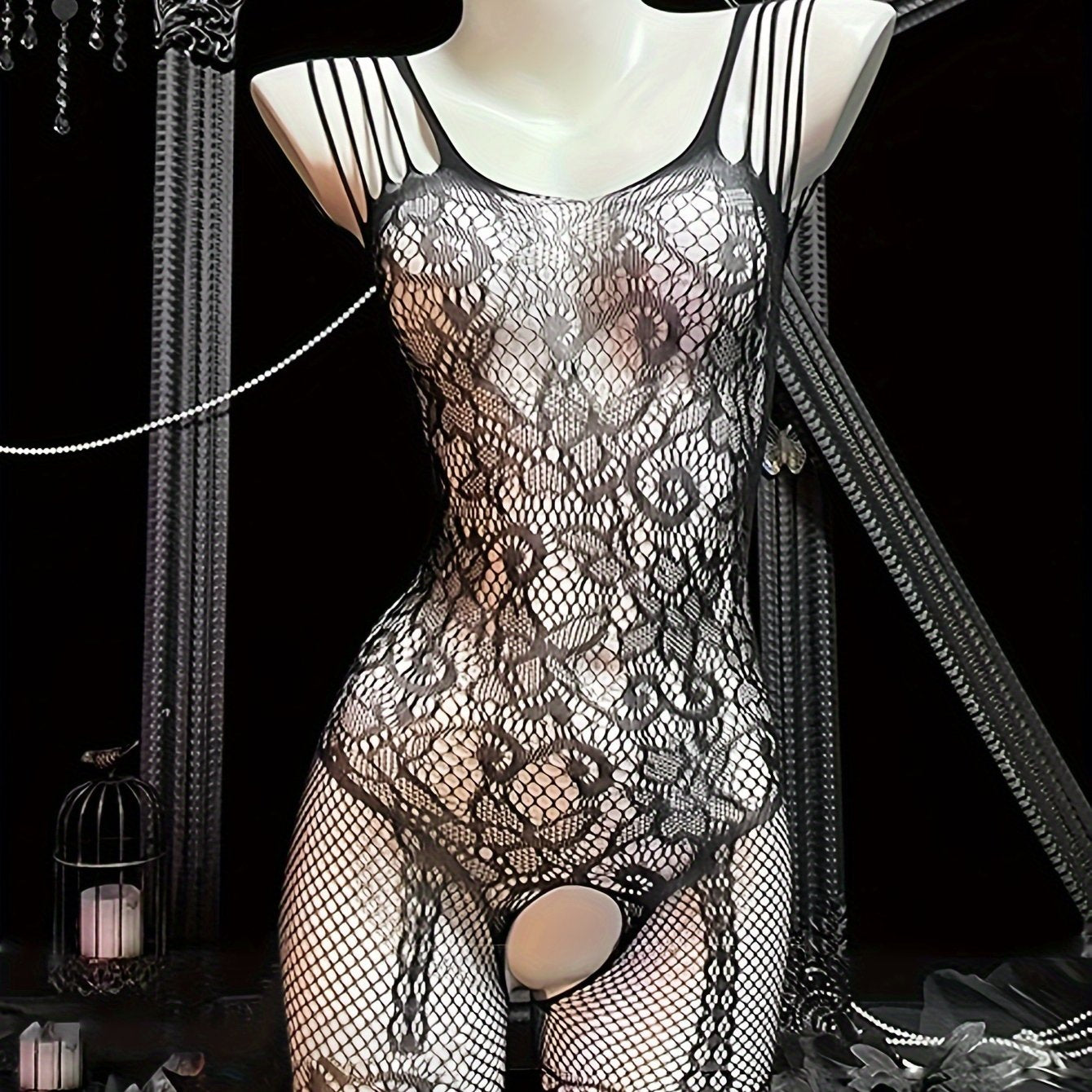 Women's Fishnet Bodysuit with Lace Detailing Sheer Nylon Elastane